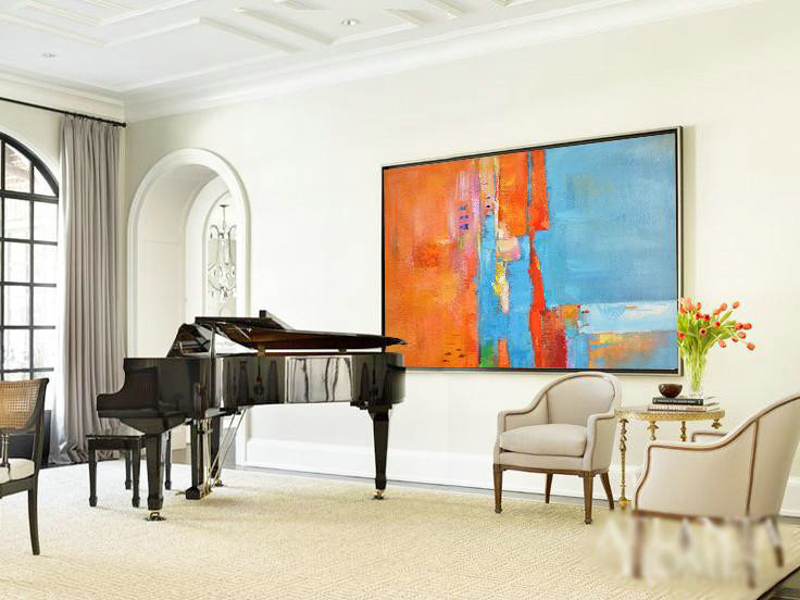 Abstract Painting Extra Large Canvas Art,Horizontal Palette Knife Contemporary Art,Large Abstract Art Handmade Acrylic Painting,Orange,Sky Blue,White,Red.etc